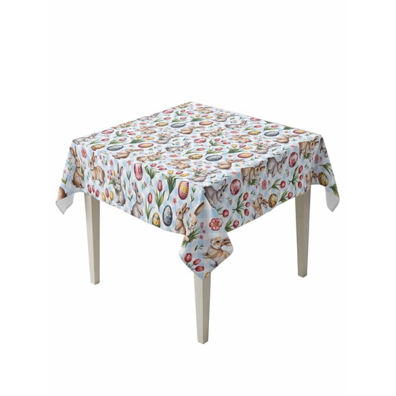 Easter Suqare Tablecloth - 54 x 54 Inch, Spring Rabbits Eggs Botanical Tulip Blue Plaid Waterproof & StainResistant Tablecloth, Washable Oil-proof Table Cover for Dining/Party/Wedding/Camping/Buffet