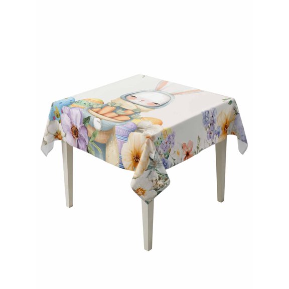Easter Suqare Tablecloth - 54 x 54 Inch, Spring Watercolor Bunny Carrots Eggs Flowers Beige Waterproof & StainResistant Tablecloth, Washable Oil-proof Table Cover for Dining/Party/Wedding/Buffet