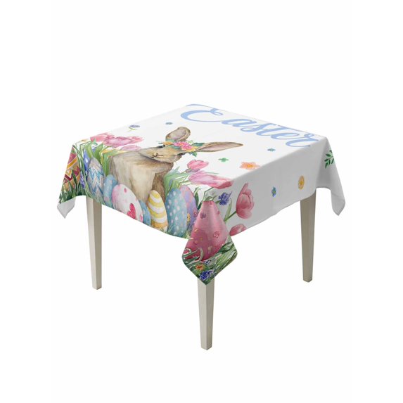 Easter Suqare Tablecloth - 60 x 60 Inch, Pink Tulip Flowers Spring Watercolor Bunny Floral Waterproof & StainResistant Tablecloth, Washable Oil-proof Table Cover for Dining/Party/Wedding/Buffet
