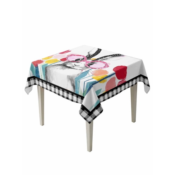 Easter Suqare Tablecloth - 60 x 60 Inch, Rabbit Spring Botanical Flowers Black White Lattice Waterproof & StainResistant Tablecloth, Washable Oil-proof Table Cover for Dining/Party/Wedding/Buffet
