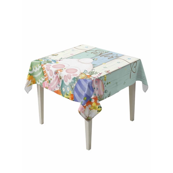 Easter Suqare Tablecloth - 60 x 60 Inch, Spring Rabbit Ears Foot Flowers Eggs Green Wooden Waterproof & StainResistant Tablecloth, Washable Oil-proof Table Cover for Dining/Party/Wedding/Buffet