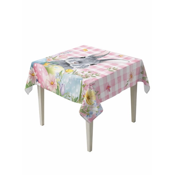 Easter Suqare Tablecloth - 60 x 60 Inch, Spring Rabbit Egg Botanical Flowers Leaf Pink Check Waterproof & StainResistant Tablecloth, Washable Oil-proof Table Cover for Dining/Party/Wedding/Buffet