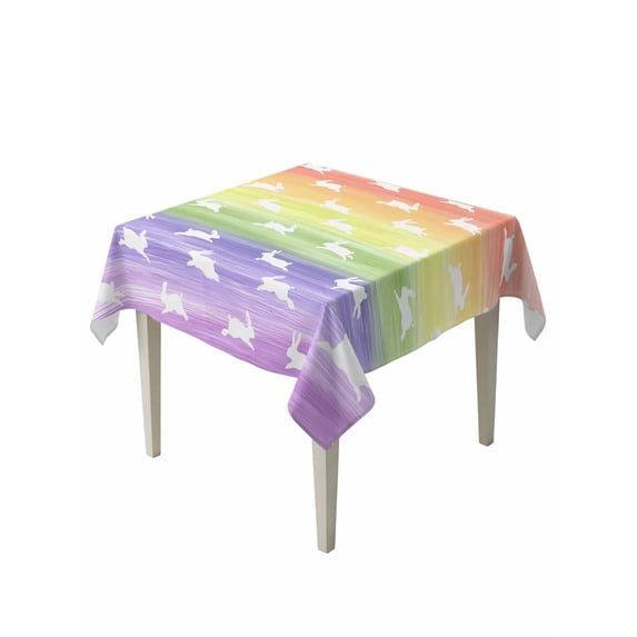 Easter Suqare Tablecloth - 60 x 60 Inch, Spring Rabbit Silhouette Colorful Rainbow Graffiti Waterproof & StainResistant Tablecloth, Washable Oil-proof Table Cover for Dining/Party/Wedding/Buffet