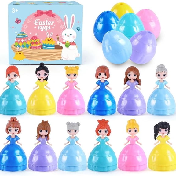Easter Surprise Eggs with Princess Dolls, 12 Pack Assorted Mini Princess Figures Inside Colorful Eggs, Easter Basket Stuffers, Party Favors, Egg Hunt Toys for Imaginative Play(Multicoloured)