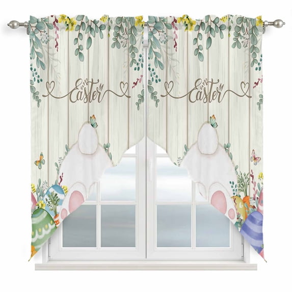 Easter Swag Curtains for Kitchen/Bedroom/Living Room, Spring Rabbit Ears Foot Colorful Eggs Leaf Floral Scalloped Curtains 63 Inch Long, Window Swag Topper Curtains Valances 2 Panels Set 36"x63"