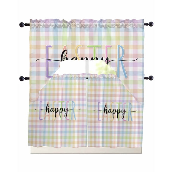 Easter Swag Curtains for Living Room/Bedroom Windows, Colorful Checkered Plaid Spring Gingham Textured Kitchen Curtains and Valances Set 36 Inch Length, Light Filtering Swags Valance Curtain Panels