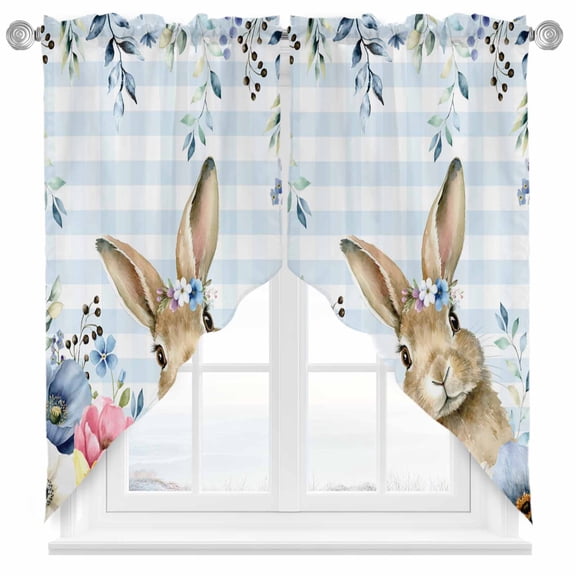 Easter Swag Kitchen Curtain Valances, Cute Rabbit Flower Plant Eucalyptus Leaves Blue Plaid Rod Pocket Curtains Window Treatment Decor Valances for Bedroom Bathroom, 2 Panels 28 x 36 Inch