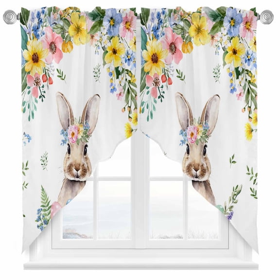 Easter Swag Kitchen Curtain Valances, Spring Rabbits Eggs Wildflowers Leaf Plants Pastoral Rod Pocket Curtains Window Treatment Decor Valances for Bedroom Bathroom, 2 Panels 28 x 36 Inch