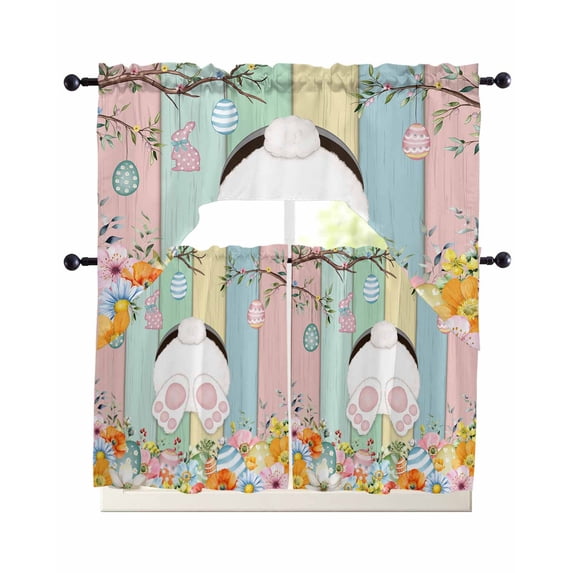 Easter Swag Kitchen Curtains Sets for Windows 24 Inch Length, Spring Colorful Bunny Eggs Flower Wood Grain Short Window Curtain Panels Swags Valances and Tiers 3 Piece Set for Cafe/Dining Room