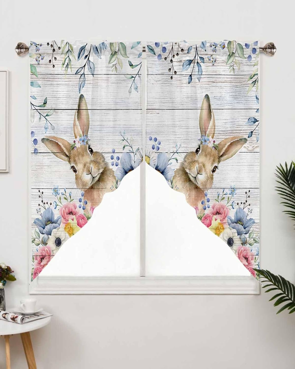 Easter Swag Valance Curtains Bunny Flower Eucalyptus Leaves Wood Rode ...