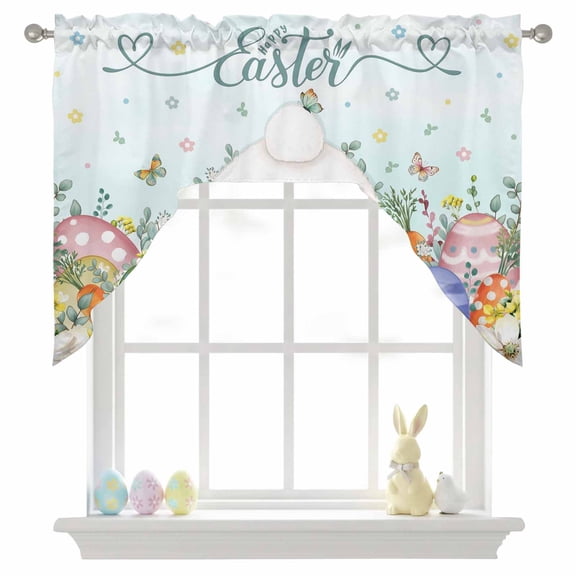 Easter Swag Valances for Kitchen Window, Spring Bunny Tail Colored Eggs Leaf Gradient Green Small Swag Valances Rod Pocket Curtain Drapes Window Treatment for Bedroom Bathroom, 56x36 Inch