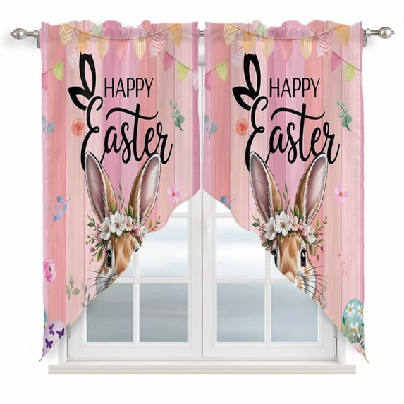 Easter Swag Valances for Windows, Kitchen Curtains 36 Inch Length 2 Panels Set, Spring Rabbit Eggs Flowers Flags Leaves Wood Grain Short Curtains for Small Windows Rod Pocket Cafe Curtains 28"x36"