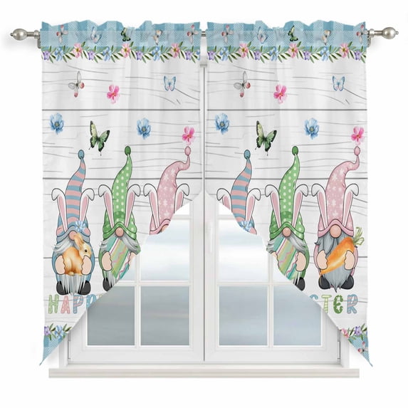 Easter Swag Valances for Windows, Kitchen Window Curtains Over Sink, Farmhouse Gnomes Flowers Rabbit Eggs Check Wooden Window Treatment Curtains for Living Room/Bedroom Curtains 2 Panel Sets 36"x45"
