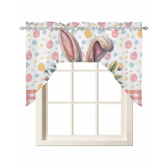 Easter Swag Valances for Windows, Small Curtains Drapes, Spring Floral Eggs Pink Checkered Pastoral Kitchen Window Curtains Over Sink Rod Pocket Window Treatment Valance for Bedroom/Bathroom 56"x36"