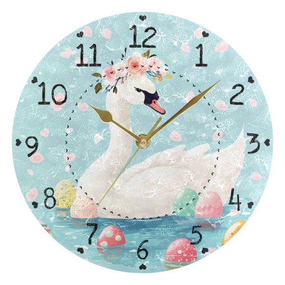 Easter Swan with Garland Eggs Round Wall Clock Silent Analog Battery Operated Gold Pointer Home Decor 9.84" Diameter