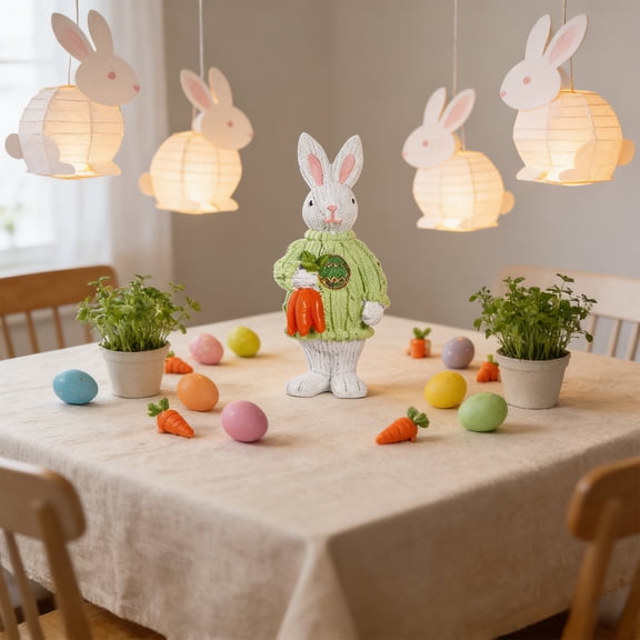 Easter Sweater Bunny Figurine, Resin Rabbit Statue with Carrot & Floral Accents, Indoor Outdoor Home Garden Decor, Spring Party Tabletop Ornament, Holiday Gift for Kids & Adults