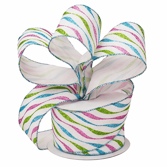 Easter Swirl Glitter Wired Ribbon - 2 1/2" x 10 Yards, Spring, Wrapping, Wreaths, Bows, Mardi Gras, White, Blue, Pink, Green Stripes, Gift Basket Decoration, Birthday, Tree Decor, Christmas
