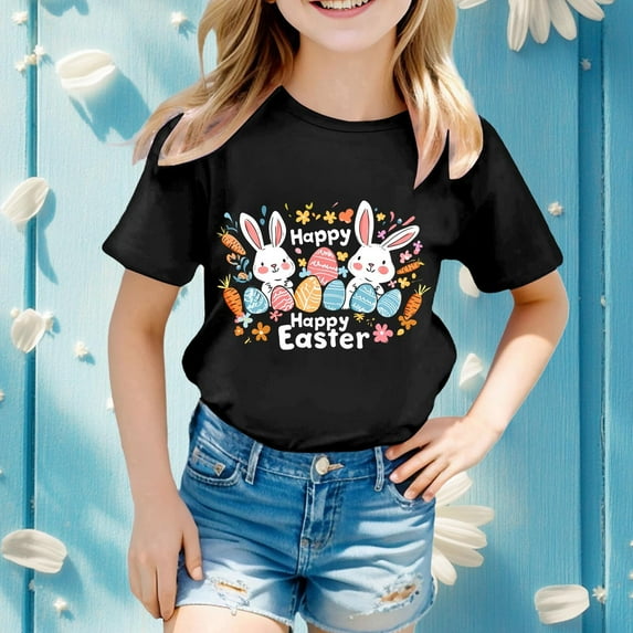 Easter T-Shirt Bunny Print Funny Rabbit Graphic Tshirts Rabbit Easter Toddler Girls T-Shirt Size 10-11