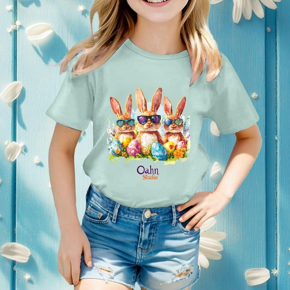 Easter T-Shirt Cute Bunny Soft Summer Tee Tops Funny Easter Toddler Girls T-Shirt 8-9