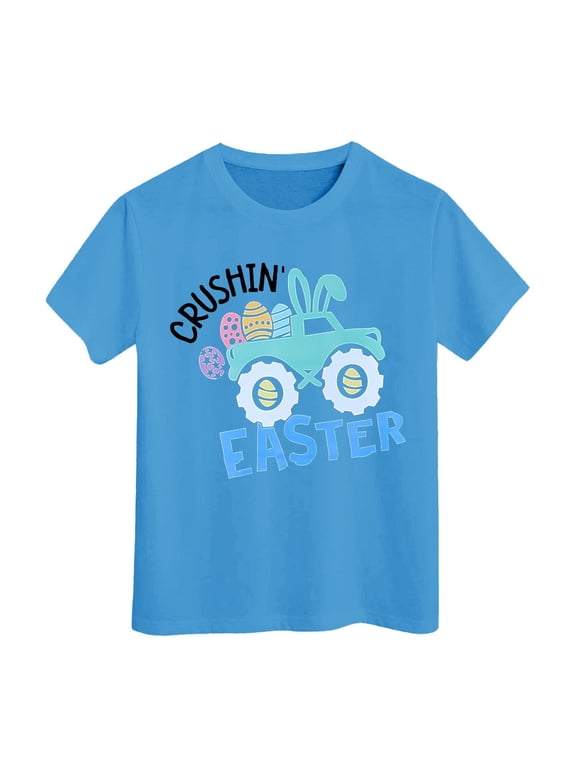 Easter T Shirt for Kids Toddler Kids Girls and Boys Fashion Wearing Unisex Round Neck Breathable Eggs Bunny Outfits Digging Tractor Printed 2025 Trendy Clothes #Blue 10-11 Years