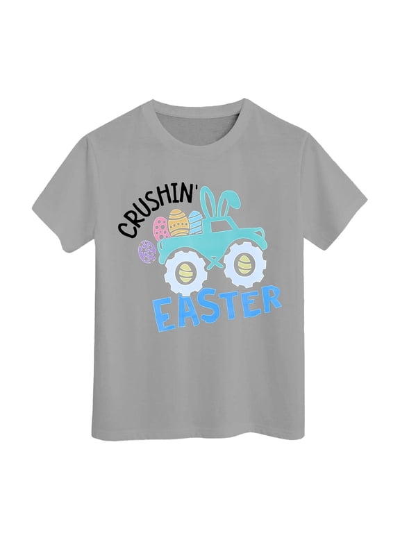 Easter T Shirt for Toddler Kids Eggs Hunt Bunny Outfit Digging Tractor Print Short Sleeve Crew Neck Soft Grey 3 Years-4 Years