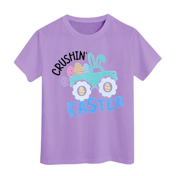 Easter T Shirt for Toddler Kids Eggs Bunny Outfit Digging Tractor Print Short Sleeve Crew Neck Soft Light Purple 4 Years-5 Years