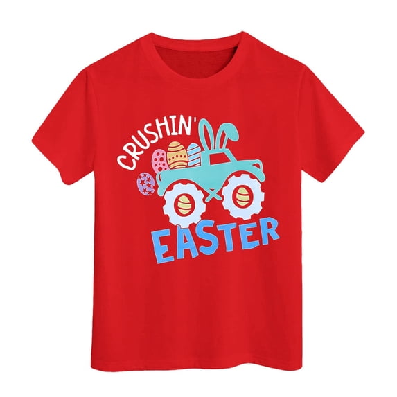 Easter T Shirt for Toddler Kids Eggs Hunt Bunny Outfit Digging Tractor Print Short Sleeve Crew Neck Soft Red 8 Years-9 Years