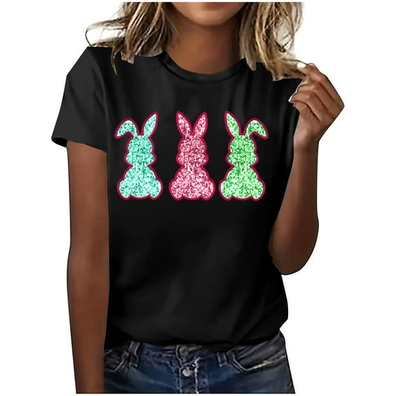 Easter T Shirt for Women Crew Neck Short Sleeve Happy Easter Bunny Spring Hunt Eggs Rabbit Coquette Bow Carrot Cute Pullover T-Shirt