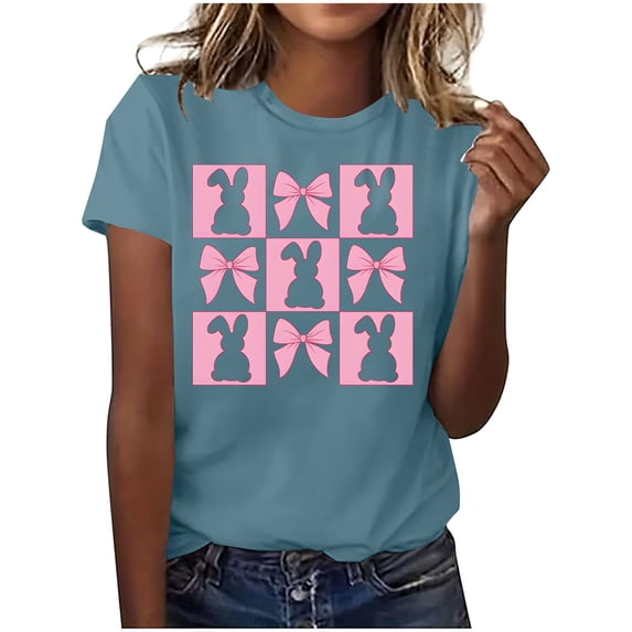 Easter T Shirt for Women Crew Neck Short Sleeve Happy Easter Bunny Spring Hunt Eggs Rabbit Coquette Bow Carrot Cute Pullover T-Shirt