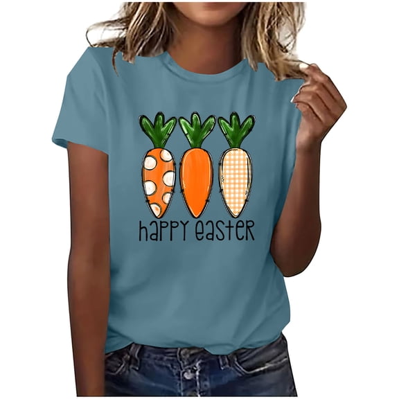 Easter T Shirt for Women Crew Neck Short Sleeve Happy Easter Bunny Spring Hunt Eggs Rabbit Coquette Bow Carrot Cute Pullover T-Shirt