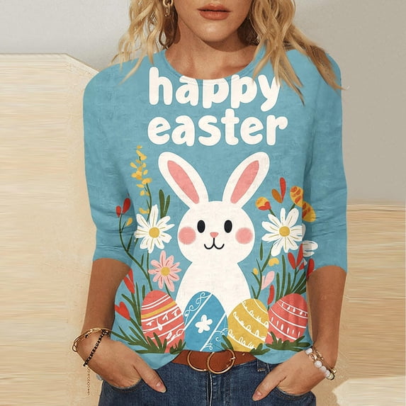 Easter T-Shirt for Women Adorable Rabbit Hugging Large Floral Egg Graphic Crewneck 3/4 Sleeve Soft Comfortable Holiday Party Festive Tee Top