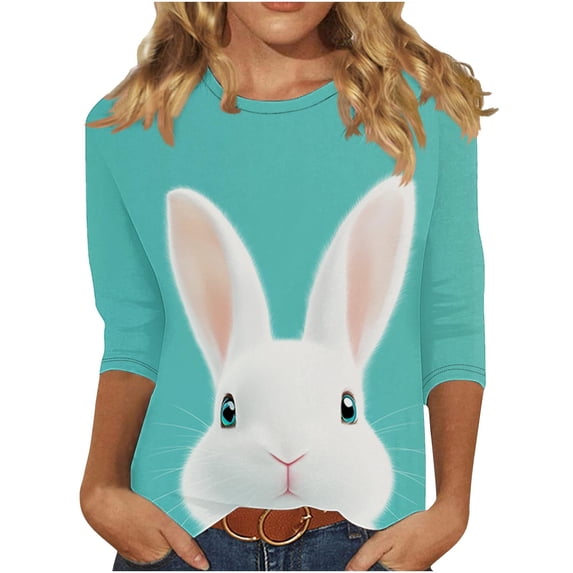 Easter T-Shirts for Women Bunny Eggs Graphic Tees 3/4 Length Sleeve Womens Tops Round Neck Casual Blouses Spring Outfits