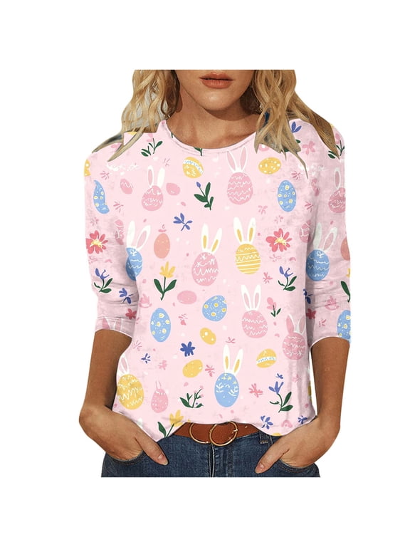 Easter T-shirts for Women Plus Size Graphic Tees with Cute Animals Eggs Floral Prints 3/4 Sleeve Holiday Tops (XL, Pink)