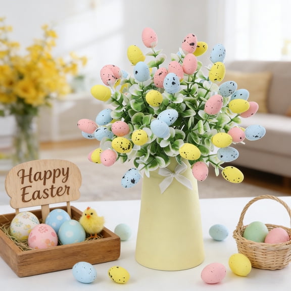 Easter Table Centerpiece with Vase, Foam Egg and Berry Floral Arrangement, Ready to Display Spring Home Decor, Artificial Easter Egg Bouquet for Dining Table, Mantel, Entryway Decor