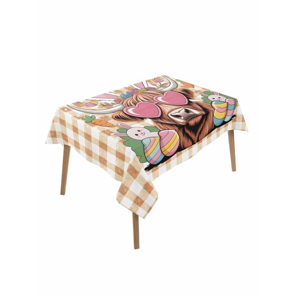 Easter Table Cloth, Waterproof Tablecloth for Rectangle Tables, Farmhouse Spring Bunny Cow Carrots Egg Brown Plaid Reusable Washable Fabric Table Cover for Restaurant Kitchen Dining Tables 52"x70"