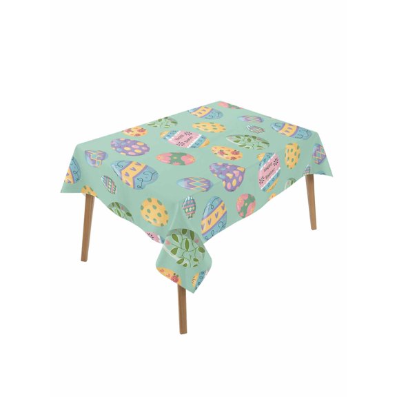 Easter Table Cloth, Waterproof Tablecloth for Rectangle Tables, Green Cartoon Colorful Eggs Flowers Leaves Dots Reusable Washable Fabric Table Cover for Restaurant Kitchen Dining Tables 52"x70"