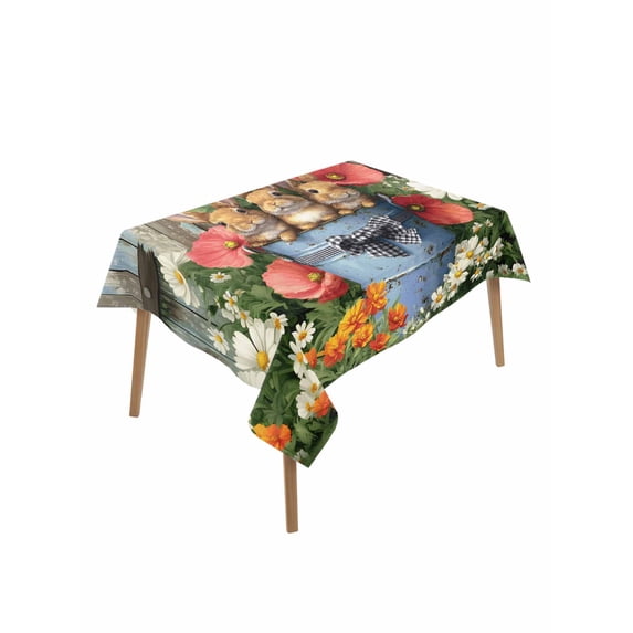 Easter Table Cloth, Waterproof Tablecloth for Rectangle Tables, Retro Spring Rabbit Flowers Plants Wooden Plank Reusable Washable Fabric Table Cover for Restaurant Kitchen Dining Tables 60"x84"