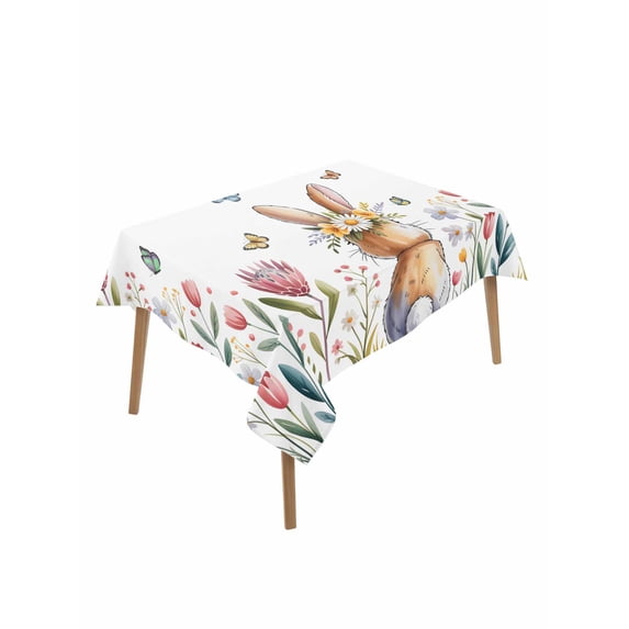 Easter Table Cloth, Waterproof Tablecloth for Rectangle Tables, Spring Flowers Wreath Rabbit Budding Florals Reusable Washable Fabric Table Cover for Restaurant Kitchen Dining Tables 60"x102"