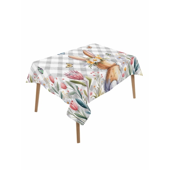 Easter Table Cloth, Waterproof Tablecloth for Rectangle Tables, Spring Rabbit Butterfly Botanical Florals Grey Plaid Reusable Washable Fabric Table Cover for Restaurant Kitchen Dining Tables 52"x70"
