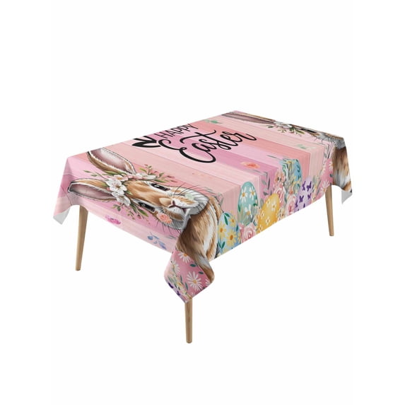 Easter Table Cloth, Waterproof Tablecloth for Rectangle Tables, Spring Rabbit Eggs Flowers Flags Leaves Wood Grain Reusable Washable Fabric Table Cover for Restaurant Kitchen Dining Tables 60"x120"