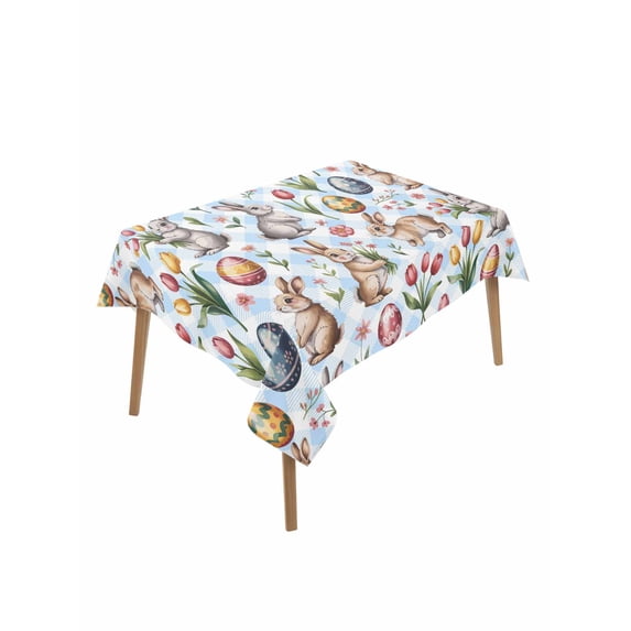 Easter Table Cloth, Waterproof Tablecloth for Rectangle Tables, Spring Rabbits Eggs Botanical Tulip Blue Plaid Reusable Washable Fabric Table Cover for Restaurant Kitchen Dining Tables 60"x102"
