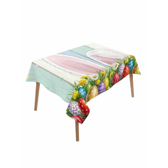 Easter Table Cloth, Waterproof Tablecloth for Rectangle Tables, Wooden Bunny Colorful Eggs Spring Floral Botanical Reusable Washable Fabric Table Cover for Restaurant Kitchen Dining Tables 52"x70"