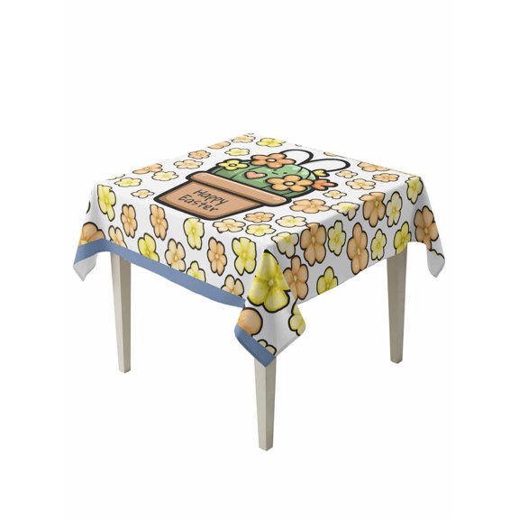 Easter Table Cloth, Waterproof Tablecloth for Square Tables, Bunny Ears Spring Yellow Flowers Potted Plant Pastoral Reusable Washable Fabric Table Cover for Restaurant Kitchen Dining Tables 54"x54"
