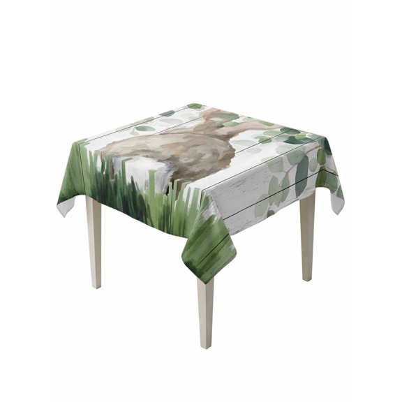 Easter Table Cloth, Waterproof Tablecloth for Square Tables, Country Rabbit Botanical Leaves Wooden Grain Reusable Washable Fabric Table Cover for Restaurant Kitchen Dining Tables 54"x54"