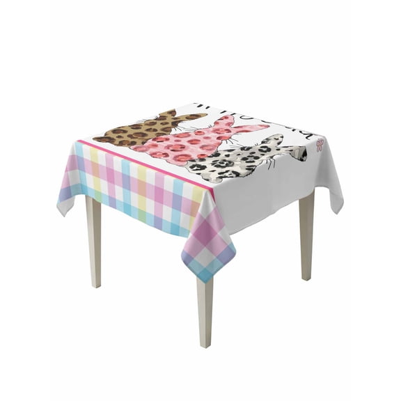 Easter Table Cloth, Waterproof Tablecloth for Square Tables, Spring Colorful Leopard Printed Bunny Flower Striped Reusable Washable Fabric Table Cover for Restaurant Kitchen Dining Tables 54"x54"