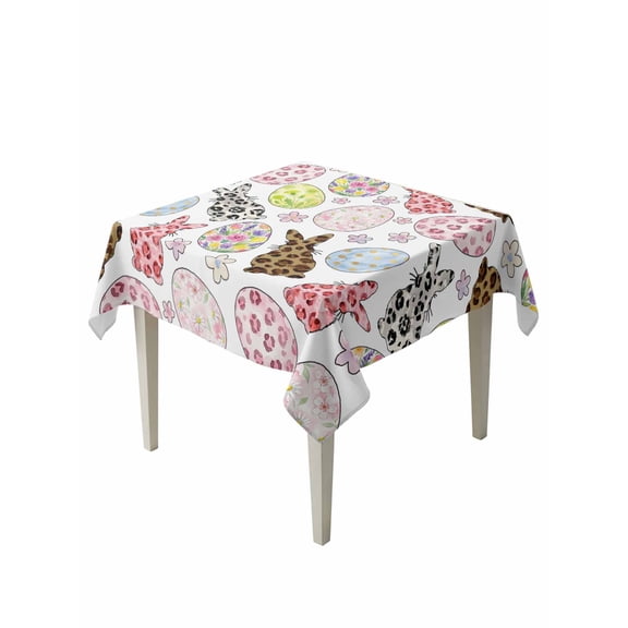 Easter Table Cloth, Waterproof Tablecloth for Square Tables, Spring Leopard Prints Bunny Colorful Eggs Flower Reusable Washable Fabric Table Cover for Restaurant Kitchen Dining Tables 54"x54"