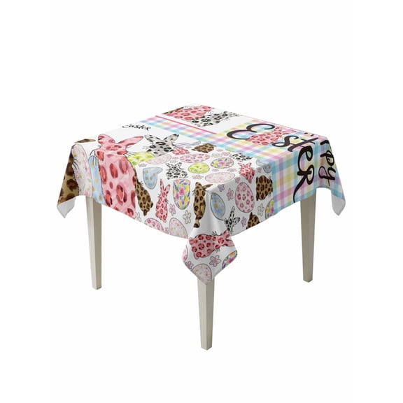 Easter Table Cloth, Waterproof Tablecloth for Square Tables, Spring Leopard Prints Colorful Bunny Eggs Striped Reusable Washable Fabric Table Cover for Restaurant Kitchen Dining Tables 54"x54"