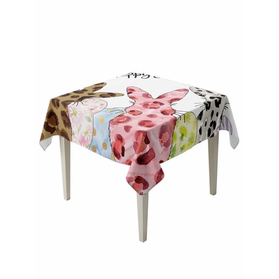 Easter Table Cloth, Waterproof Tablecloth for Square Tables, Spring Watercolor Leopard Prints Bunny Flower Eggs Reusable Washable Fabric Table Cover for Restaurant Kitchen Dining Tables 54"x54"