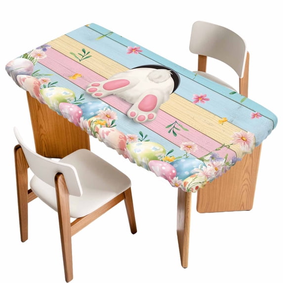 Easter Table Cloths for 3 Foot Rectangle Tables, Colorful Wooden Grain Easter Bunny Eggs Farmhouse Flower Patio Waterproof Elastic Fitted Tablecloths, Washable Rectangular Table Cover for Camping