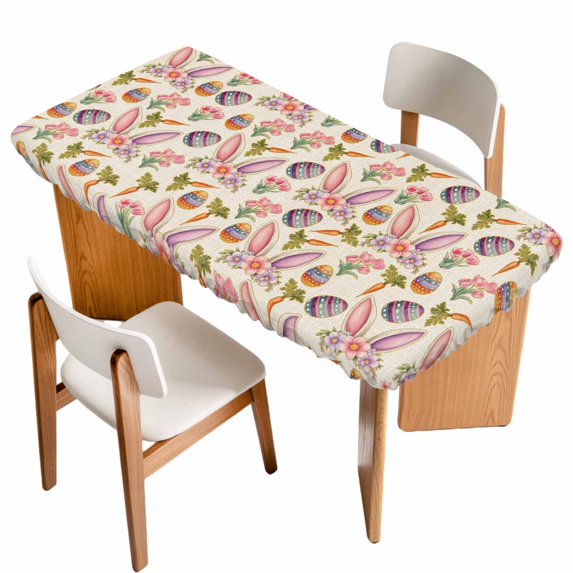 Easter Table Cloths for 3 Foot Rectangle Tables, Country Floral Wreath Rabbit Ears Eggs Carrots Patio Waterproof Elastic Fitted Tablecloths, Washable Rectangular Table Cover for Camping